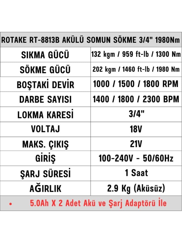 Rotake RT-8813B Akülü Somun Sökme 34'' 1980NM