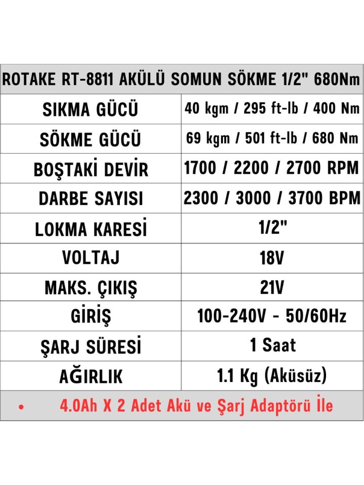 Rotake RT-8811 Darbeli Somun Sıkma Makinesi