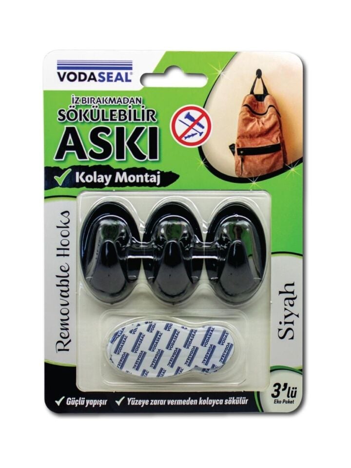 Vodaseal İz Bırakmadan Sökülebilir Askı 3'lü Siyah